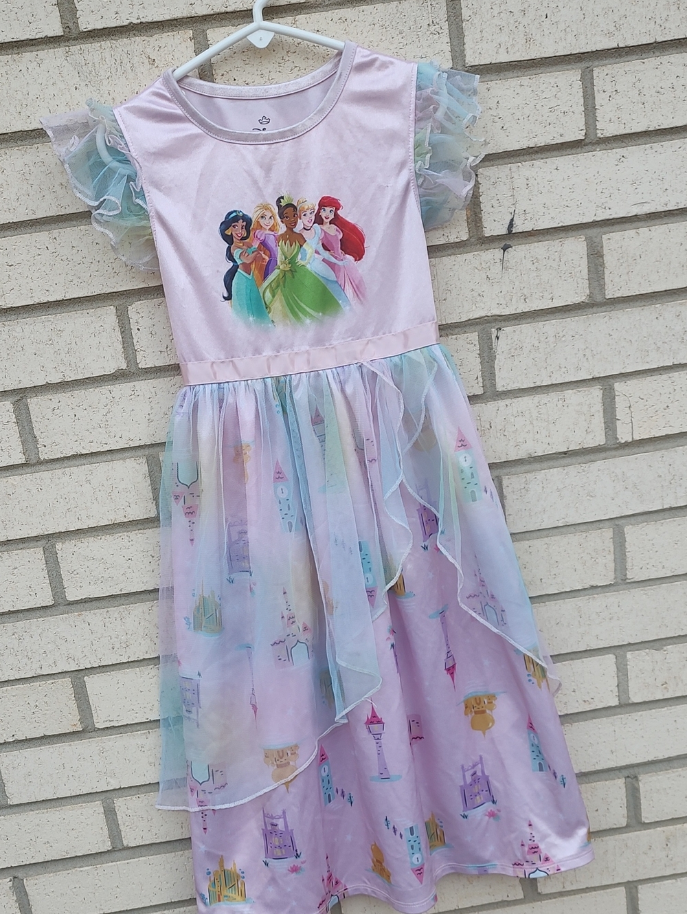 Disney Pink Princess Castle Dress with Pastel Rainbow Tulle